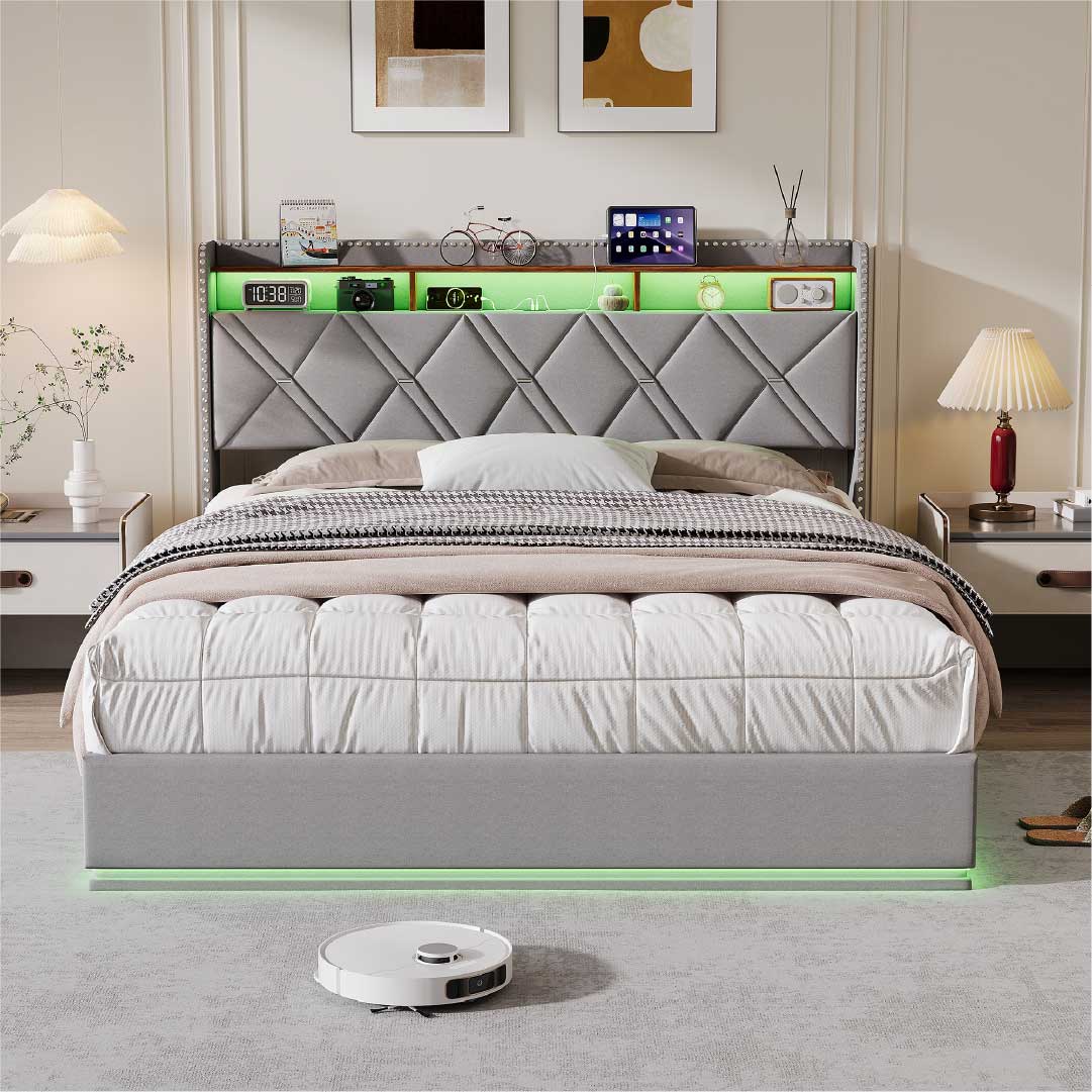Yelenaro Polsterbett mit Stauraum & LED – Bett mit USB/USB-C, hydraulisch, 90x200 / 140x200 / 160x200