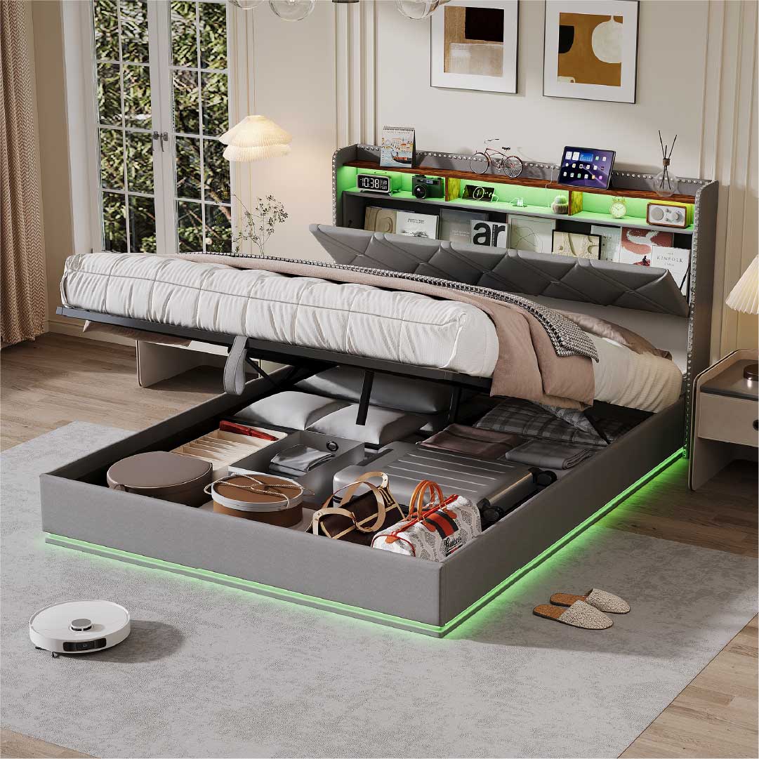 Yelenaro Polsterbett mit Stauraum & LED – Bett mit USB/USB-C, hydraulisch, 90x200 / 140x200 / 160x200
