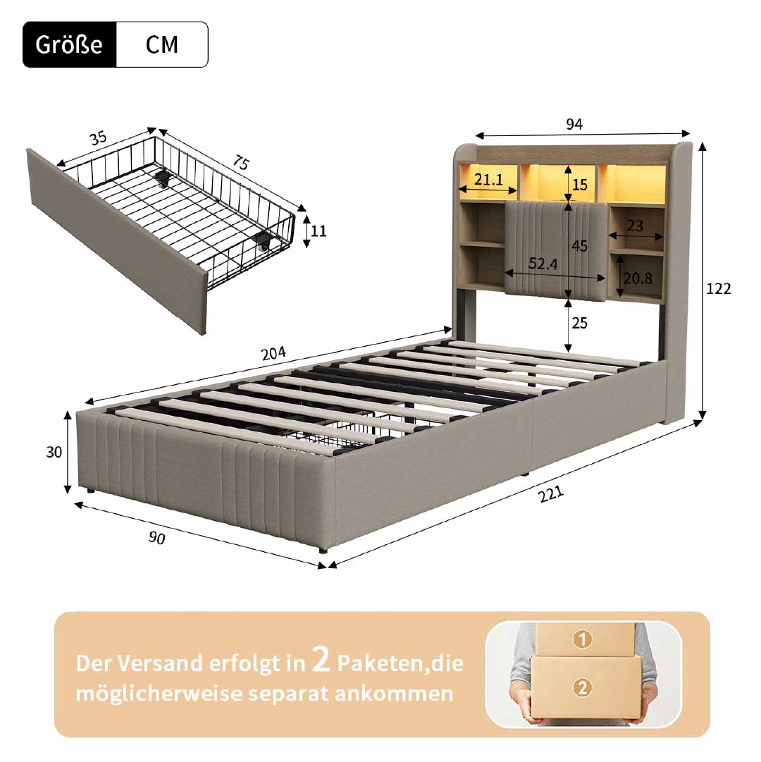 Yelenaro Polsterbett mit Stauraum im Kopfteil, LED & USB – Bett 90x200 / 140x200 / 160x200 mit 2 Schubladen