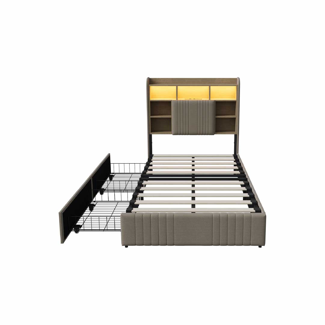 Yelenaro Polsterbett mit Stauraum im Kopfteil, LED & USB – Bett 90x200 / 140x200 / 160x200 mit 2 Schubladen
