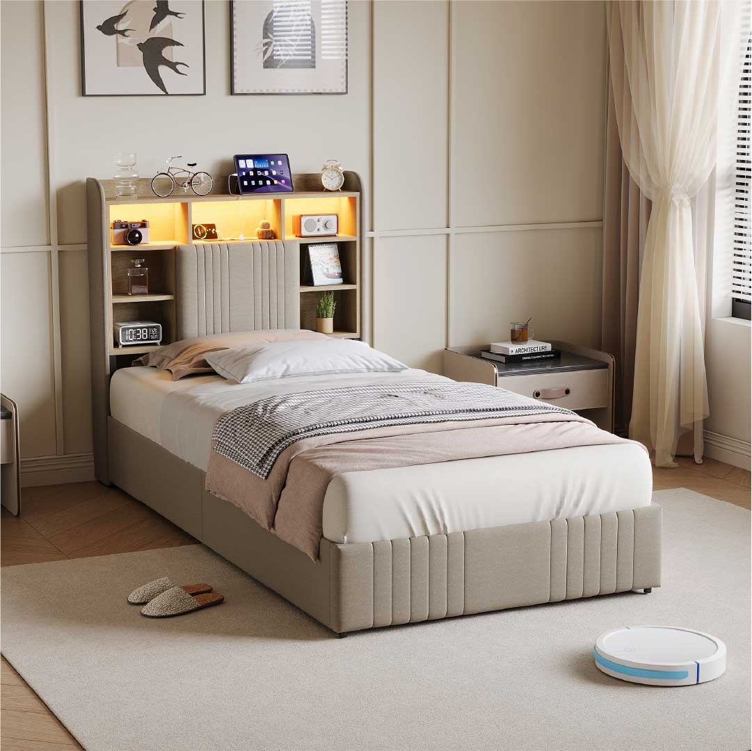 Yelenaro Polsterbett mit Stauraum im Kopfteil, LED & USB – Bett 90x200 / 140x200 / 160x200 mit 2 Schubladen