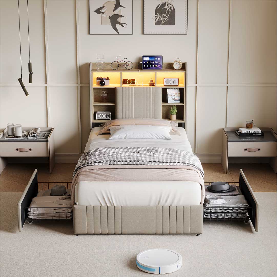Yelenaro Polsterbett mit Stauraum im Kopfteil, LED & USB – Bett 90x200 / 140x200 / 160x200 mit 2 Schubladen