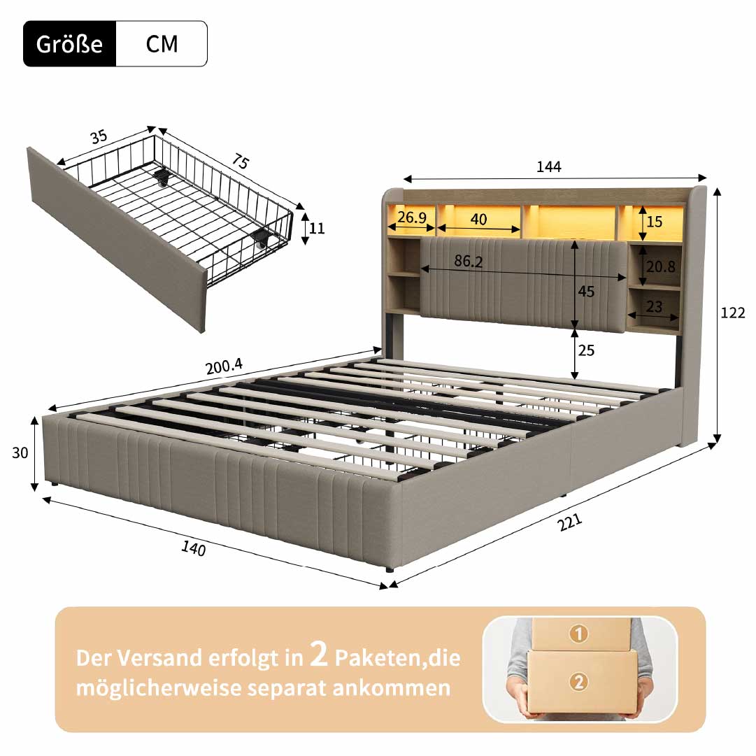 Yelenaro Polsterbett mit Stauraum im Kopfteil, LED & USB – Bett 90x200 / 140x200 / 160x200 mit 2 Schubladen