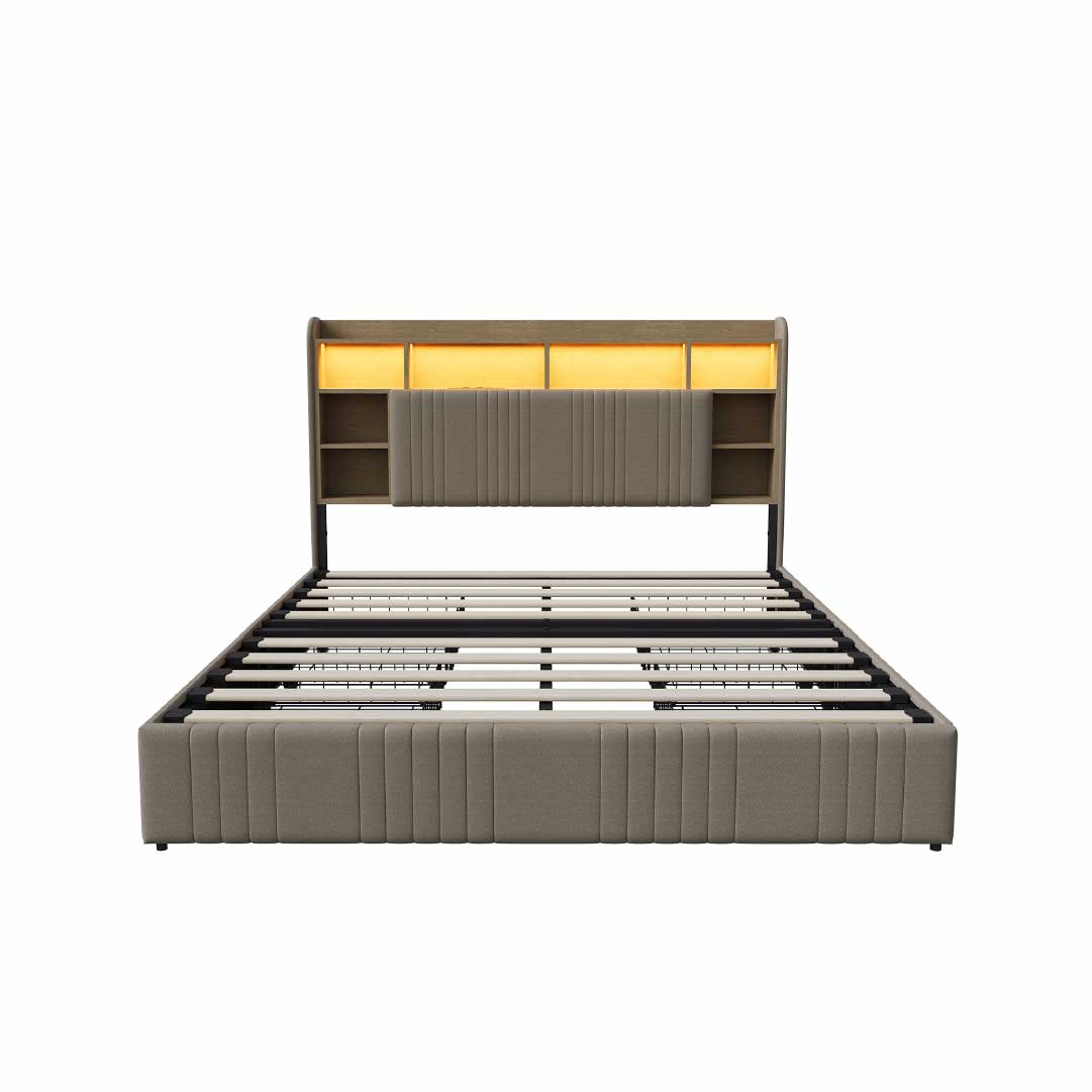 Yelenaro Polsterbett mit Stauraum im Kopfteil, LED & USB – Bett 90x200 / 140x200 / 160x200 mit 2 Schubladen
