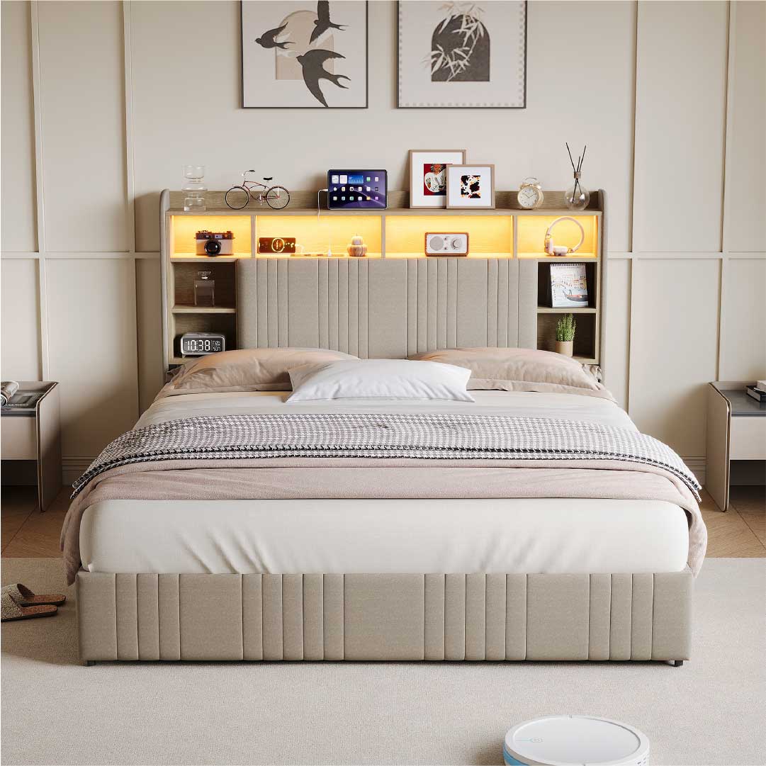 Yelenaro Polsterbett mit Stauraum im Kopfteil, LED & USB – Bett 90x200 / 140x200 / 160x200 mit 2 Schubladen