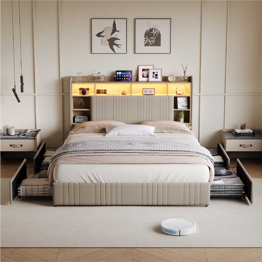 Yelenaro Polsterbett mit Stauraum im Kopfteil, LED & USB – Bett 90x200 / 140x200 / 160x200 mit 2 Schubladen