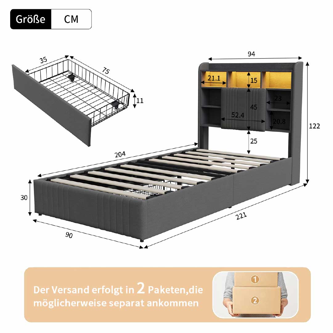 Yelenaro Polsterbett mit Stauraum im Kopfteil, LED & USB – Bett 90x200 / 140x200 / 160x200 mit 2 Schubladen