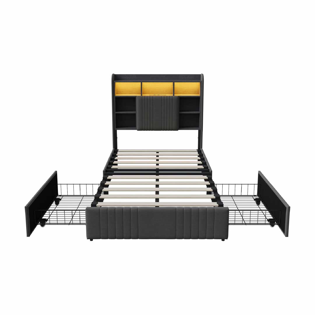 Yelenaro Polsterbett mit Stauraum im Kopfteil, LED & USB – Bett 90x200 / 140x200 / 160x200 mit 2 Schubladen