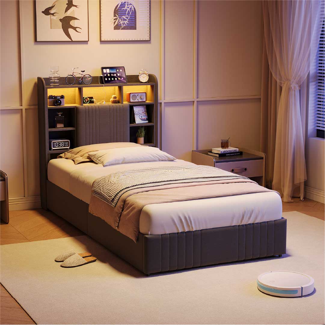 Yelenaro Polsterbett mit Stauraum im Kopfteil, LED & USB – Bett 90x200 / 140x200 / 160x200 mit 2 Schubladen