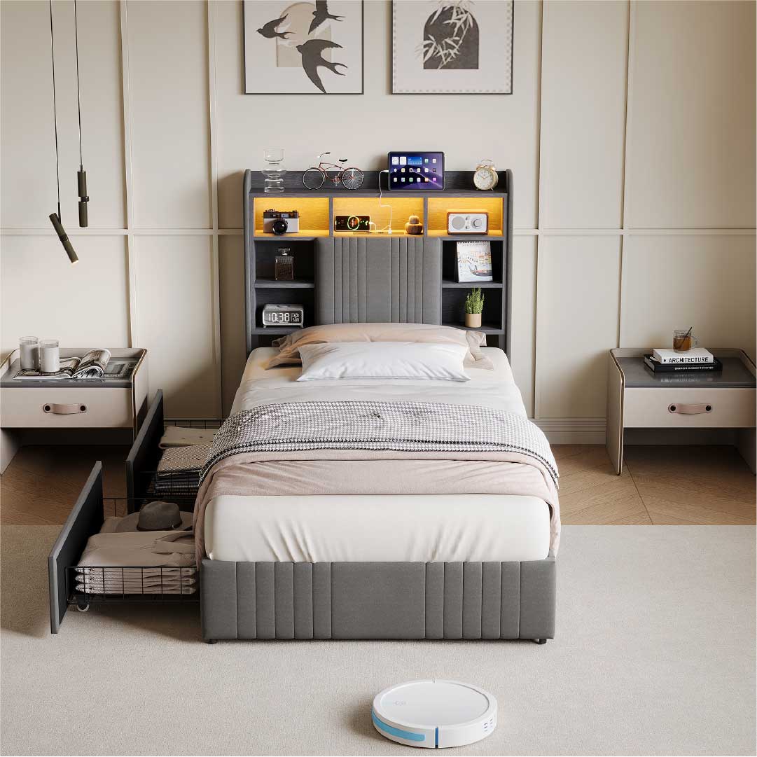 Yelenaro Polsterbett mit Stauraum im Kopfteil, LED & USB – Bett 90x200 / 140x200 / 160x200 mit 2 Schubladen