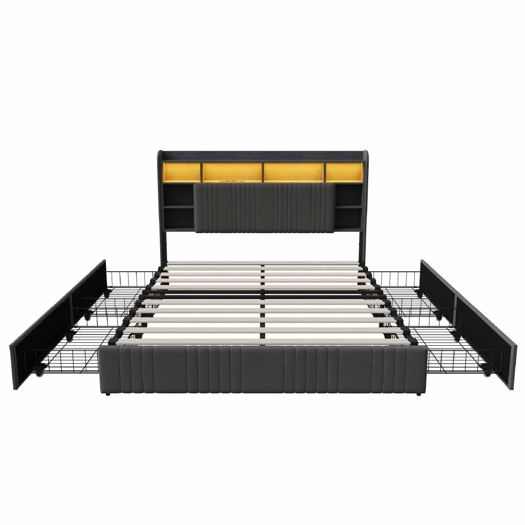 Yelenaro Polsterbett mit Stauraum im Kopfteil, LED & USB – Bett 90x200 / 140x200 / 160x200 mit 2 Schubladen