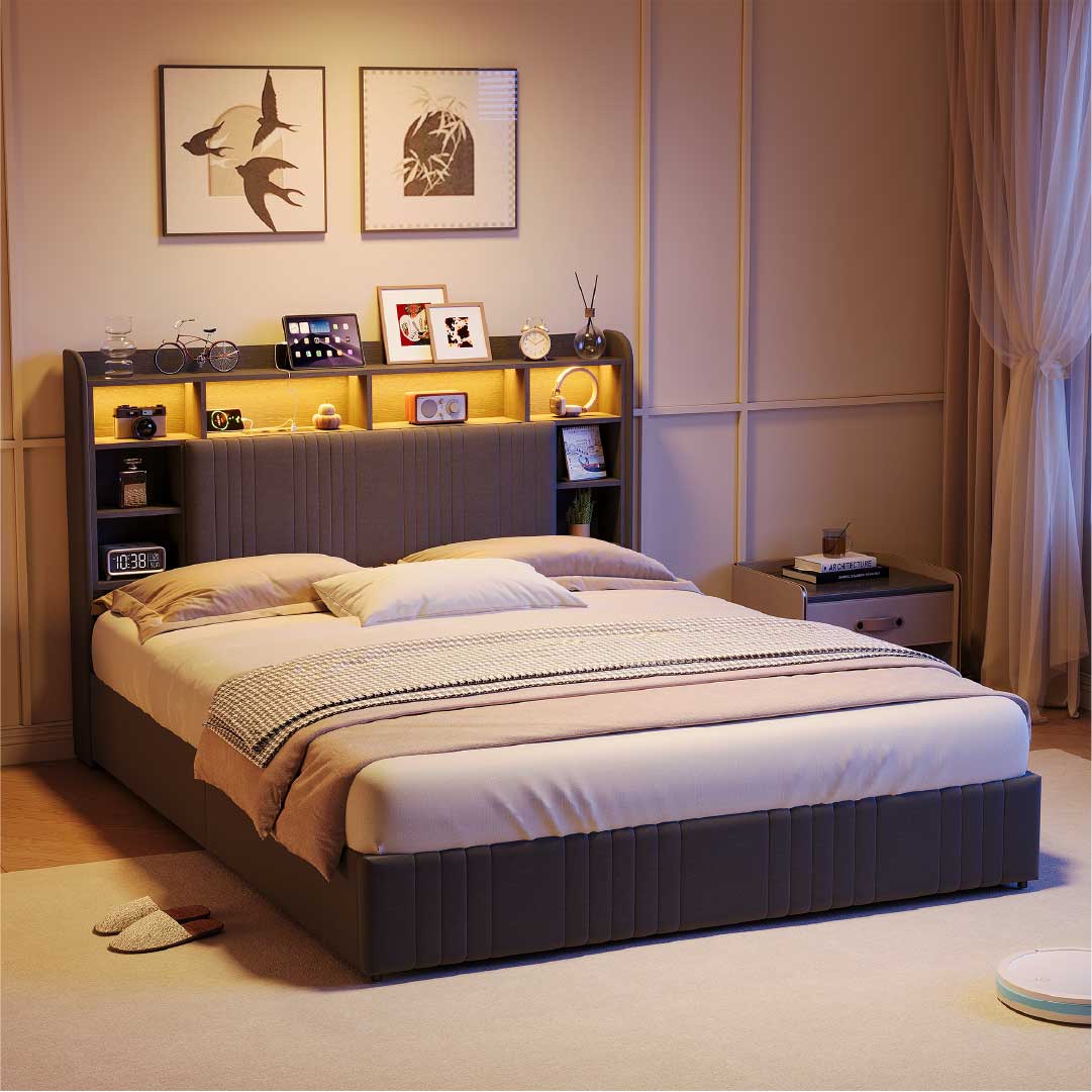 Yelenaro Polsterbett mit Stauraum im Kopfteil, LED & USB – Bett 90x200 / 140x200 / 160x200 mit 2 Schubladen