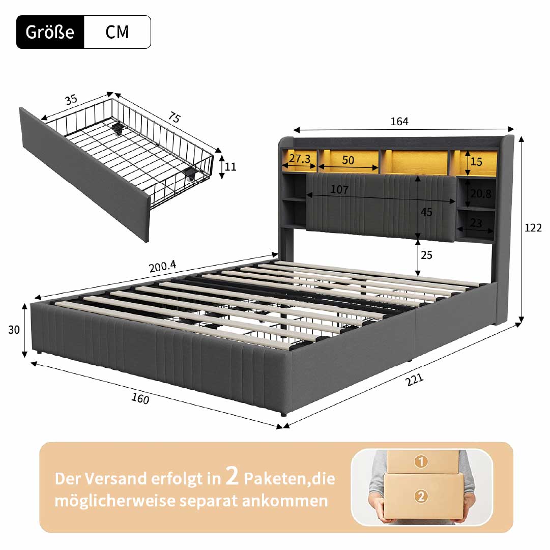 Yelenaro Polsterbett mit Stauraum im Kopfteil, LED & USB – Bett 90x200 / 140x200 / 160x200 mit 2 Schubladen