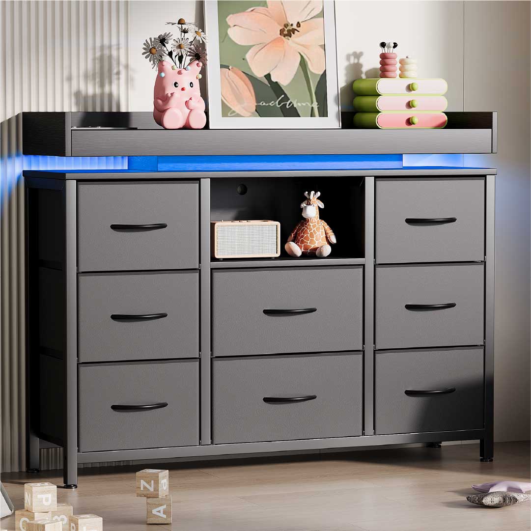 Yelenaro Kommode mit 8 Stoffschubladen & LED Beleuchtung – Sideboard mit Steckdose & USB, Aufbewahrungsschrank modern
