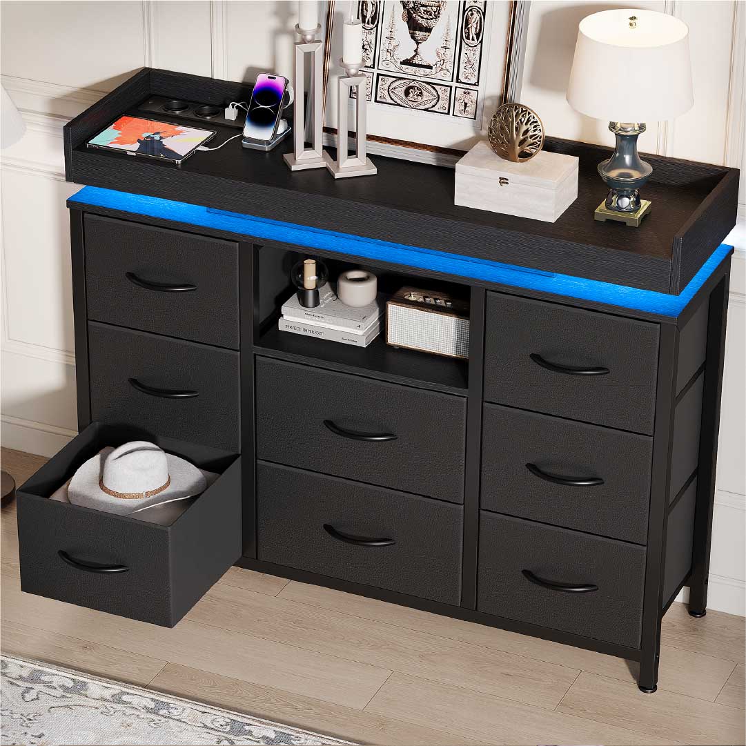 Yelenaro Kommode mit 8 Stoffschubladen & LED Beleuchtung – Sideboard mit Steckdose & USB, Aufbewahrungsschrank modern