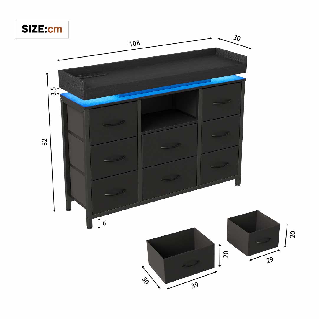 Yelenaro Kommode mit 8 Stoffschubladen & LED Beleuchtung – Sideboard mit Steckdose & USB, Aufbewahrungsschrank modern