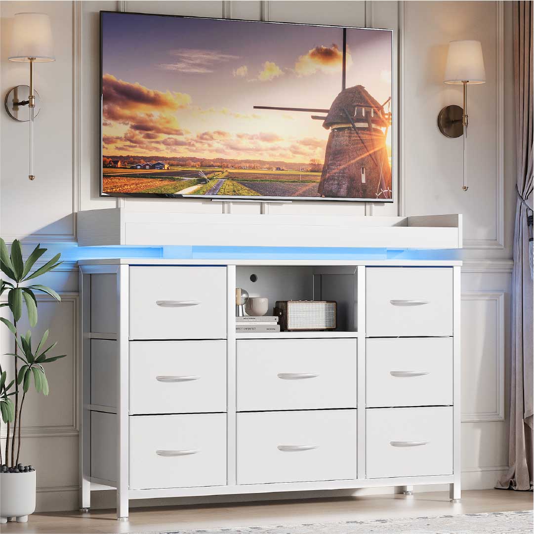 Yelenaro Kommode mit 8 Stoffschubladen & LED Beleuchtung – Sideboard mit Steckdose & USB, Aufbewahrungsschrank modern