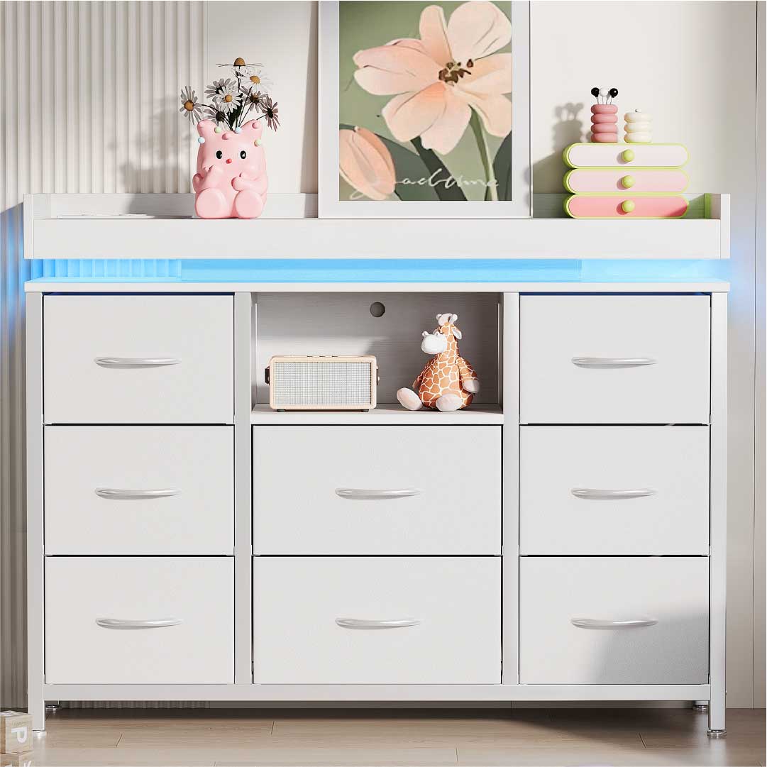 Yelenaro Kommode mit 8 Stoffschubladen & LED Beleuchtung – Sideboard mit Steckdose & USB, Aufbewahrungsschrank modern