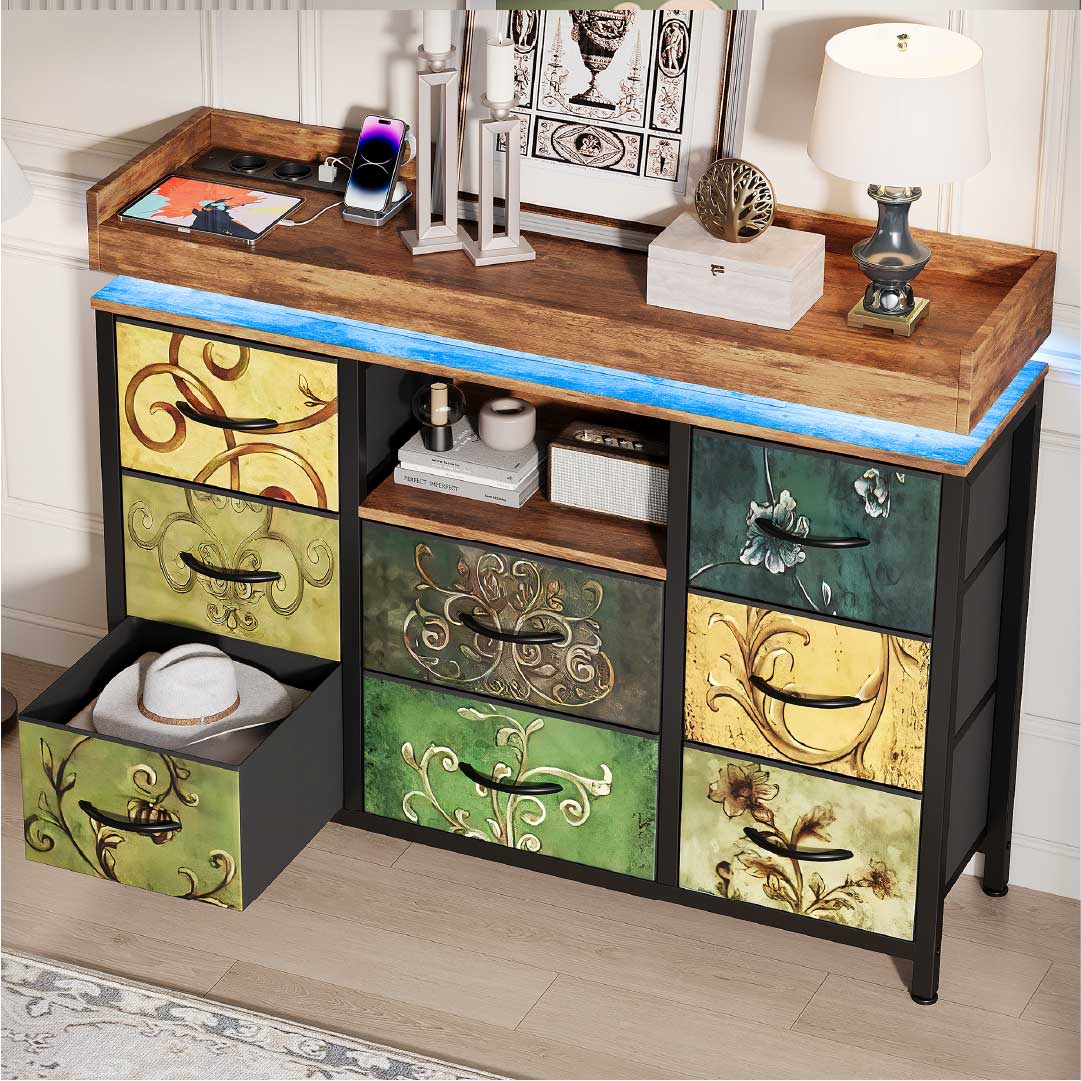 Yelenaro Kommode mit 8 Stoffschubladen & LED Beleuchtung – Sideboard mit Steckdose & USB, Aufbewahrungsschrank modern