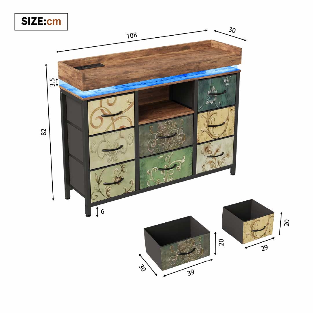 Yelenaro Kommode mit 8 Stoffschubladen & LED Beleuchtung – Sideboard mit Steckdose & USB, Aufbewahrungsschrank modern
