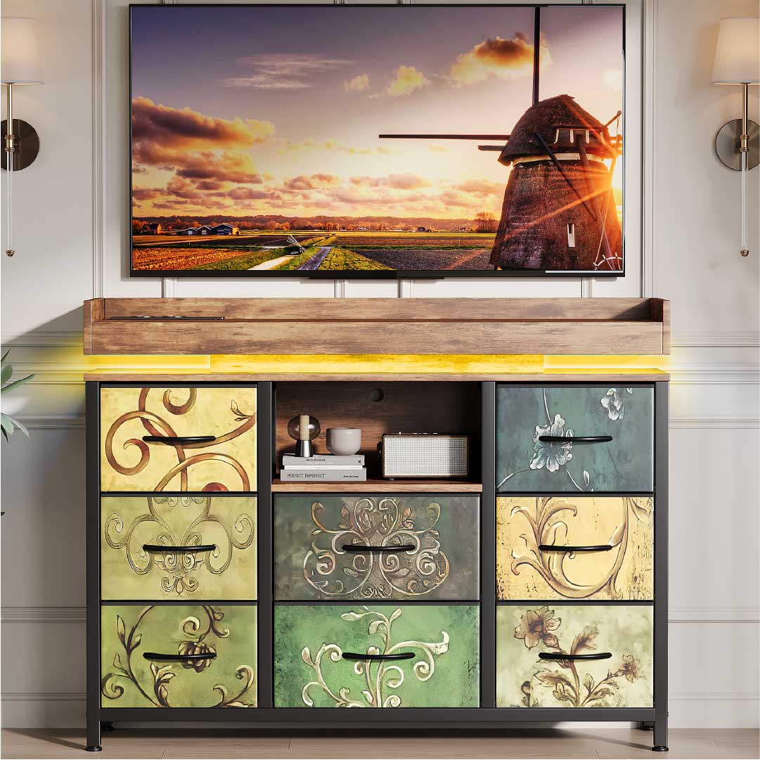 Yelenaro Kommode mit 8 Stoffschubladen & LED Beleuchtung – Sideboard mit Steckdose & USB, Aufbewahrungsschrank modern