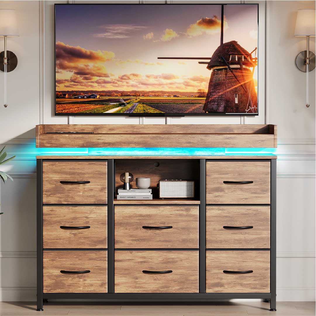 Yelenaro Kommode mit 8 Stoffschubladen & LED Beleuchtung – Sideboard mit Steckdose & USB, Aufbewahrungsschrank modern