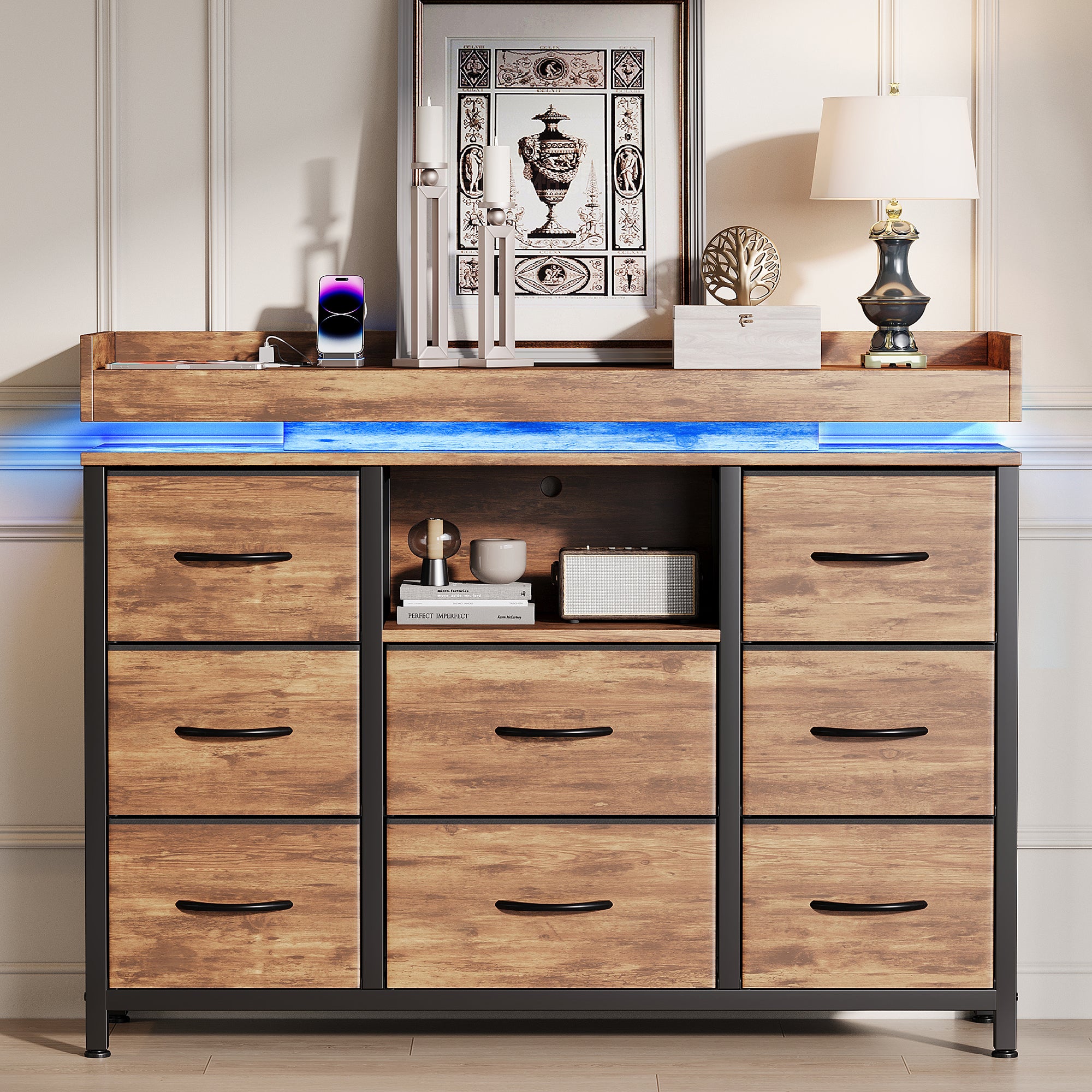 Yelenaro Kommode mit 8 Stoffschubladen & LED Beleuchtung – Sideboard mit Steckdose & USB, Aufbewahrungsschrank modern