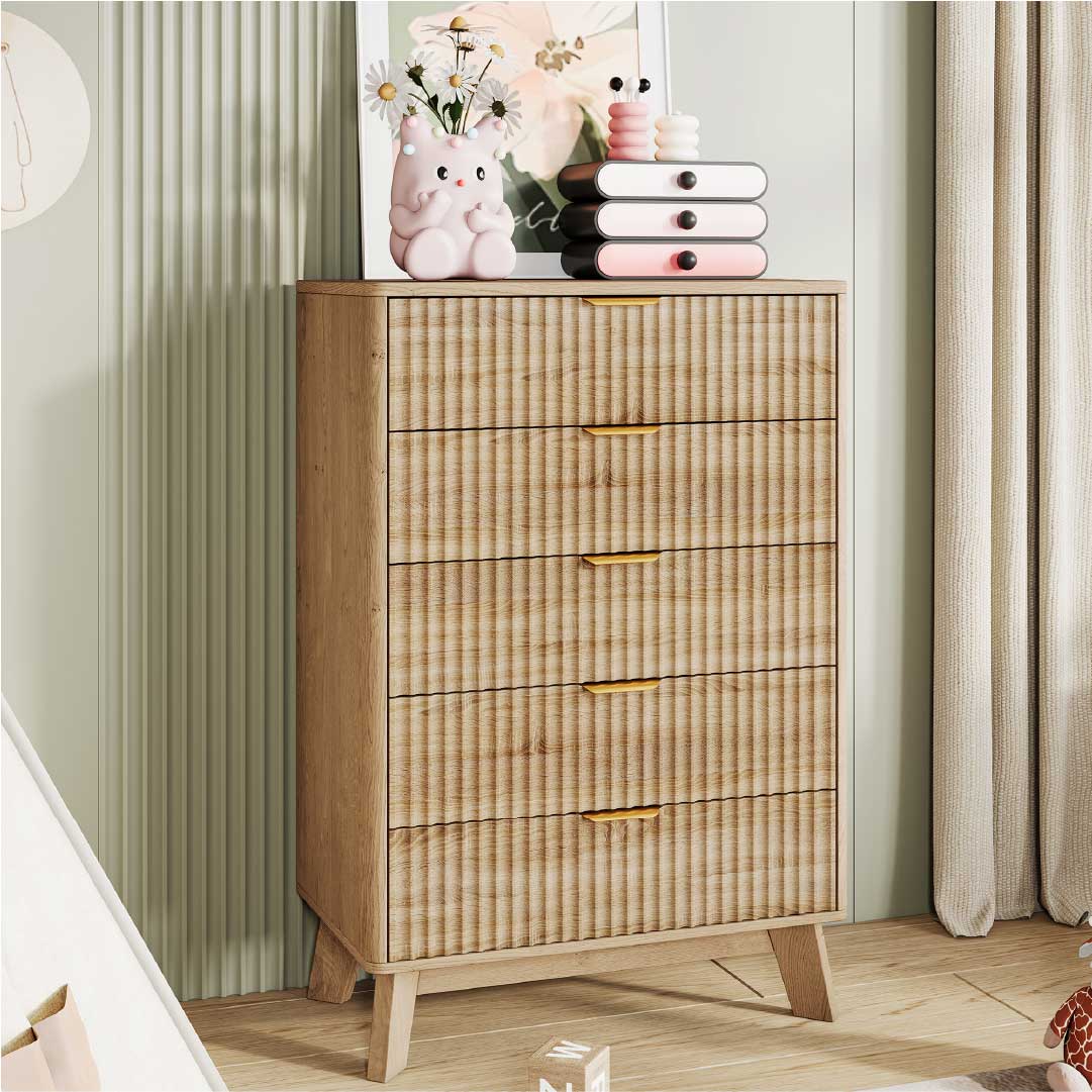 Yelenaro Kommode Holzoptik mit 5 Schubladen – Skandinavisches Sideboard Schrank Schlafzimmer Wohnzimmer