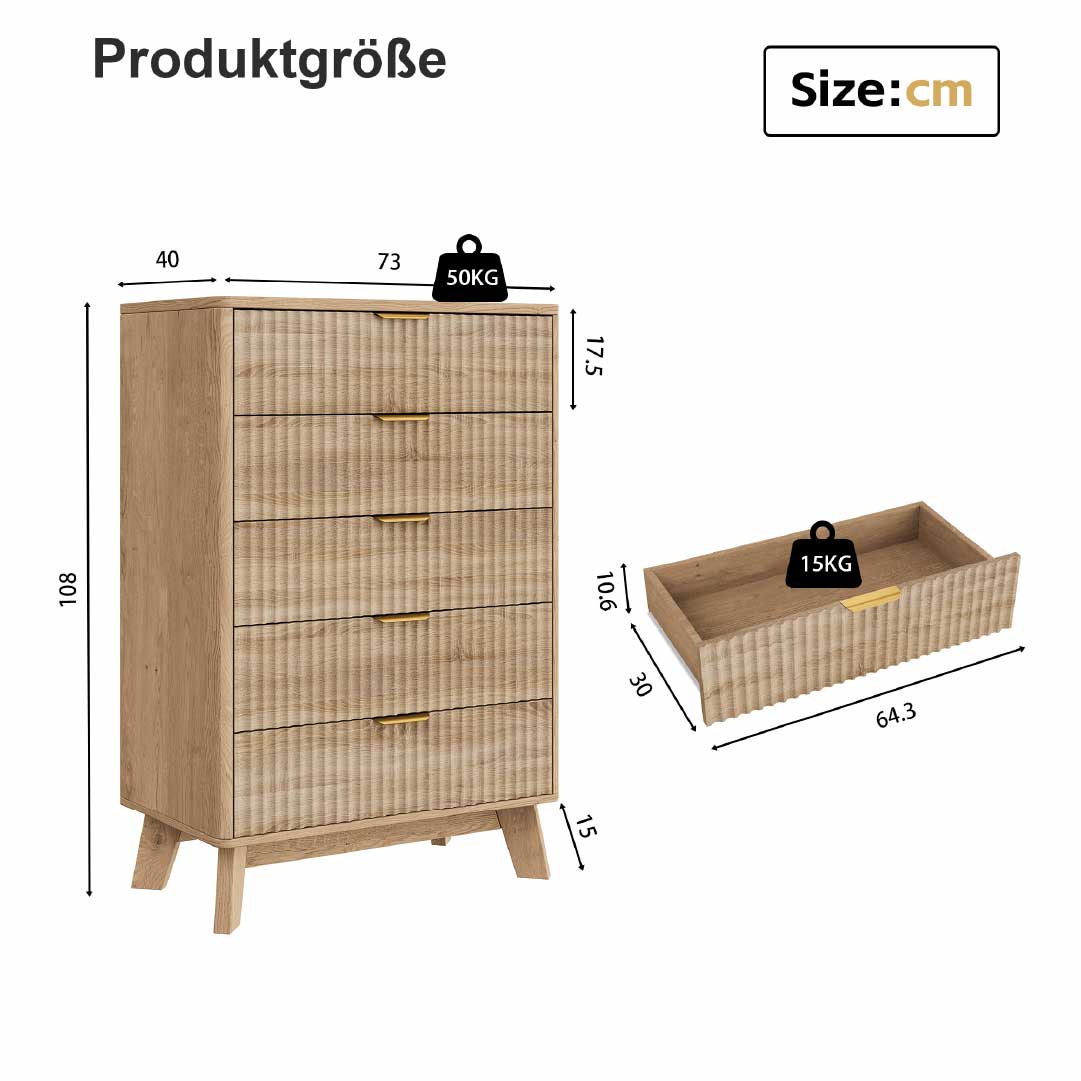 Yelenaro Kommode Holzoptik mit 5 Schubladen – Skandinavisches Sideboard Schrank Schlafzimmer Wohnzimmer