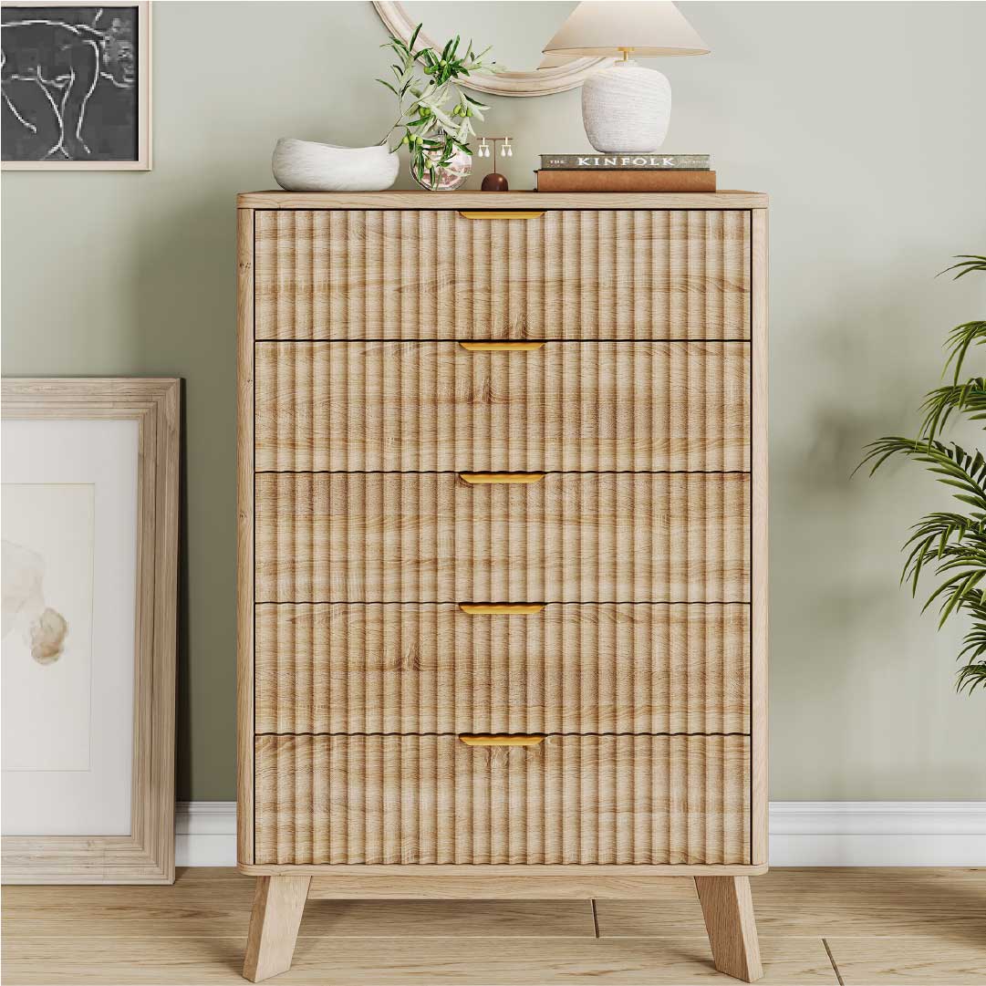 Yelenaro Kommode Holzoptik mit 5 Schubladen – Skandinavisches Sideboard Schrank Schlafzimmer Wohnzimmer