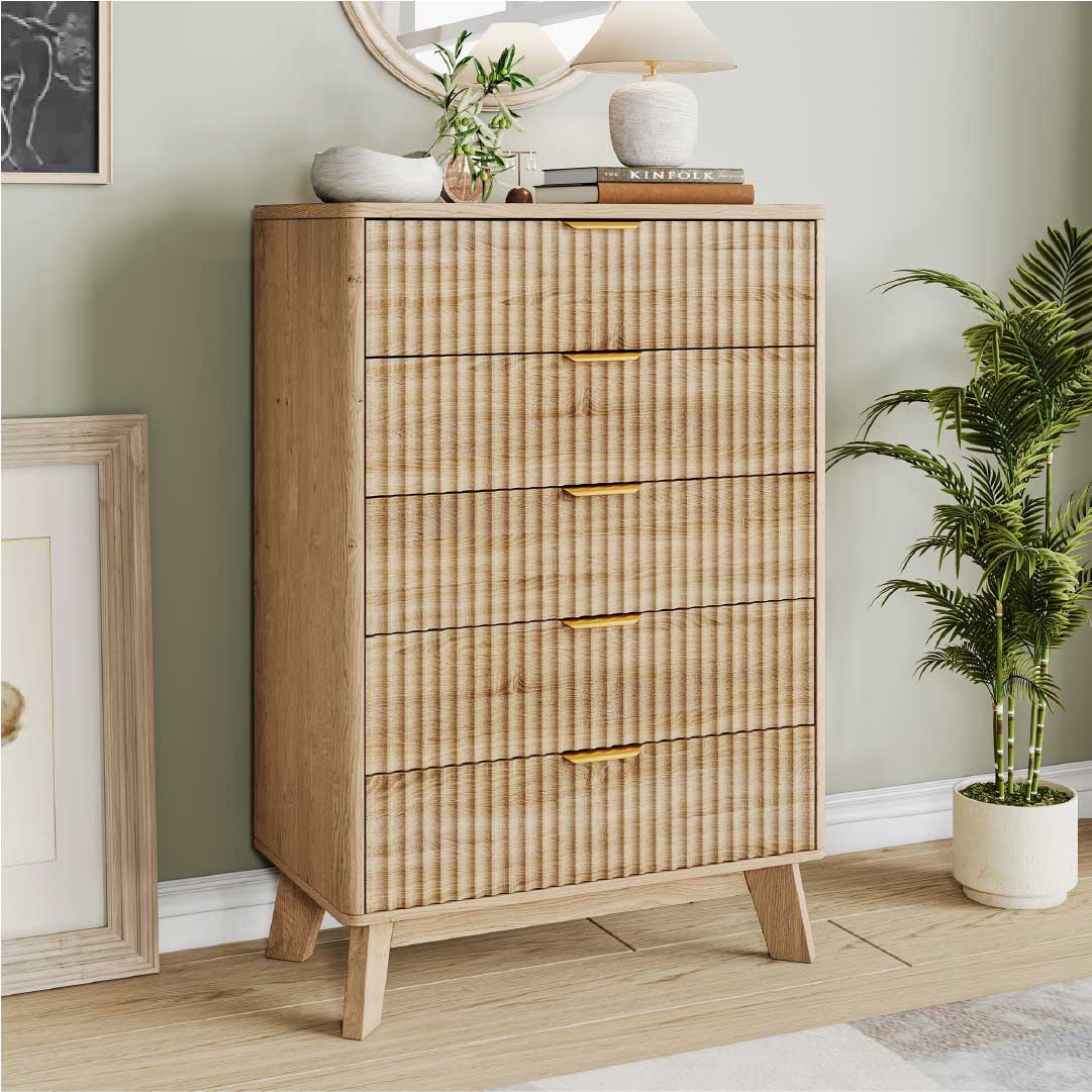 Yelenaro Kommode Holzoptik mit 5 Schubladen – Skandinavisches Sideboard Schrank Schlafzimmer Wohnzimmer
