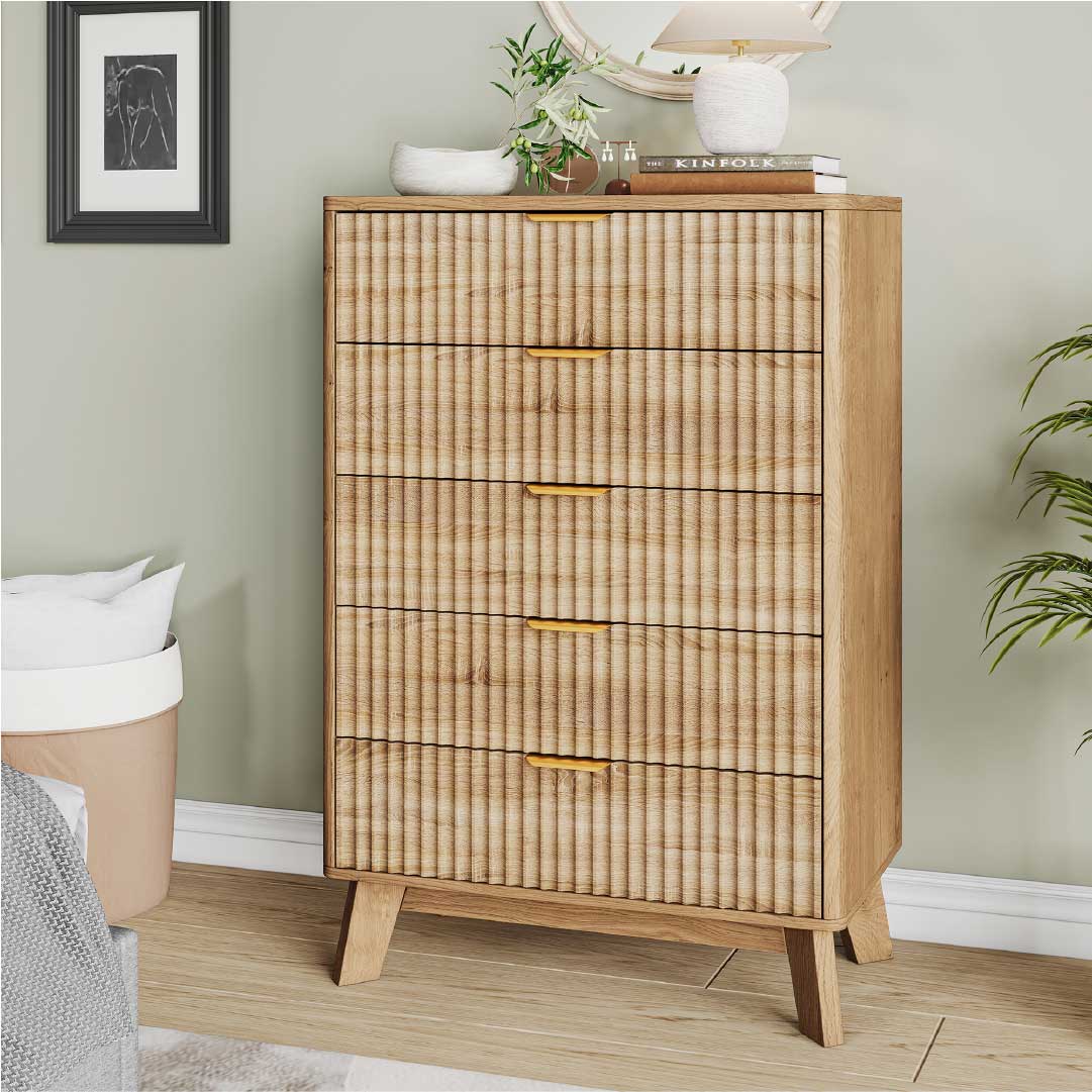 Yelenaro Kommode Holzoptik mit 5 Schubladen – Skandinavisches Sideboard Schrank Schlafzimmer Wohnzimmer