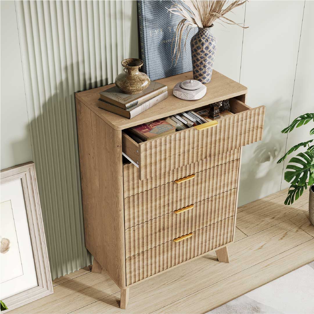 Yelenaro Kommode Holzoptik mit 5 Schubladen – Skandinavisches Sideboard Schrank Schlafzimmer Wohnzimmer