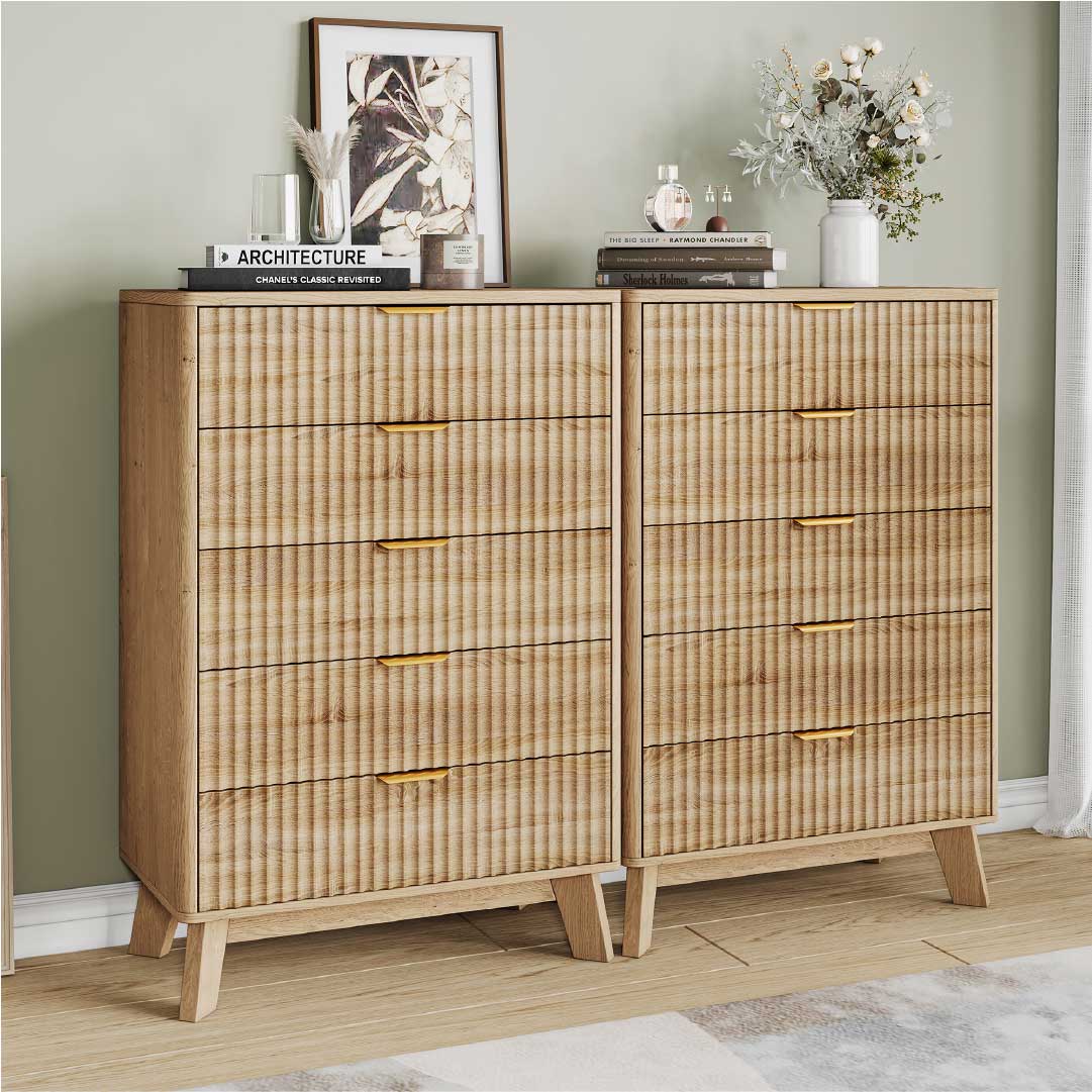 Yelenaro Kommode Holzoptik mit 5 Schubladen – Skandinavisches Sideboard Schrank Schlafzimmer Wohnzimmer