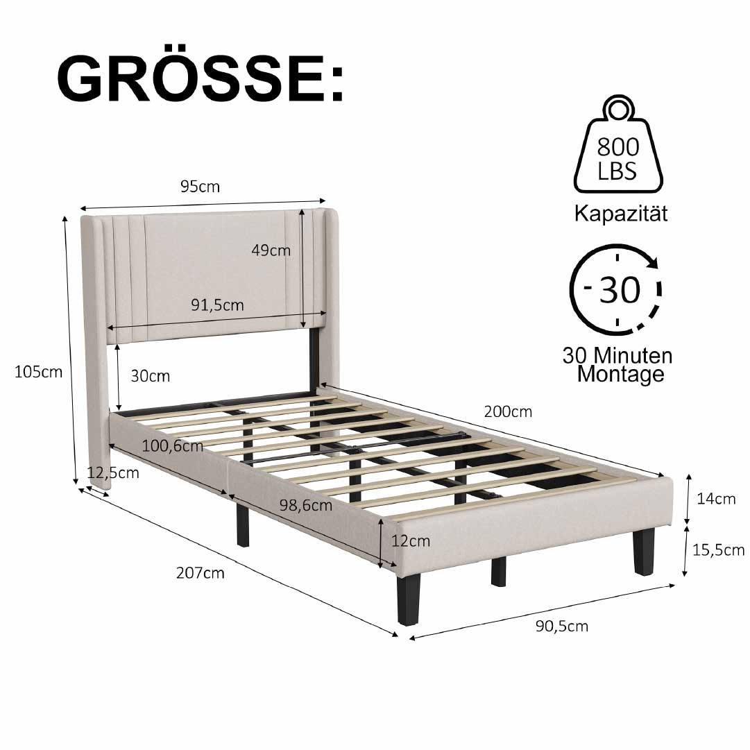 Yelenaro Polsterbett mit Lattenrost 90x200 / 140x200 / 160x200 – Bettgestell mit Metallrahmen & gepolstertem Kopfteil
