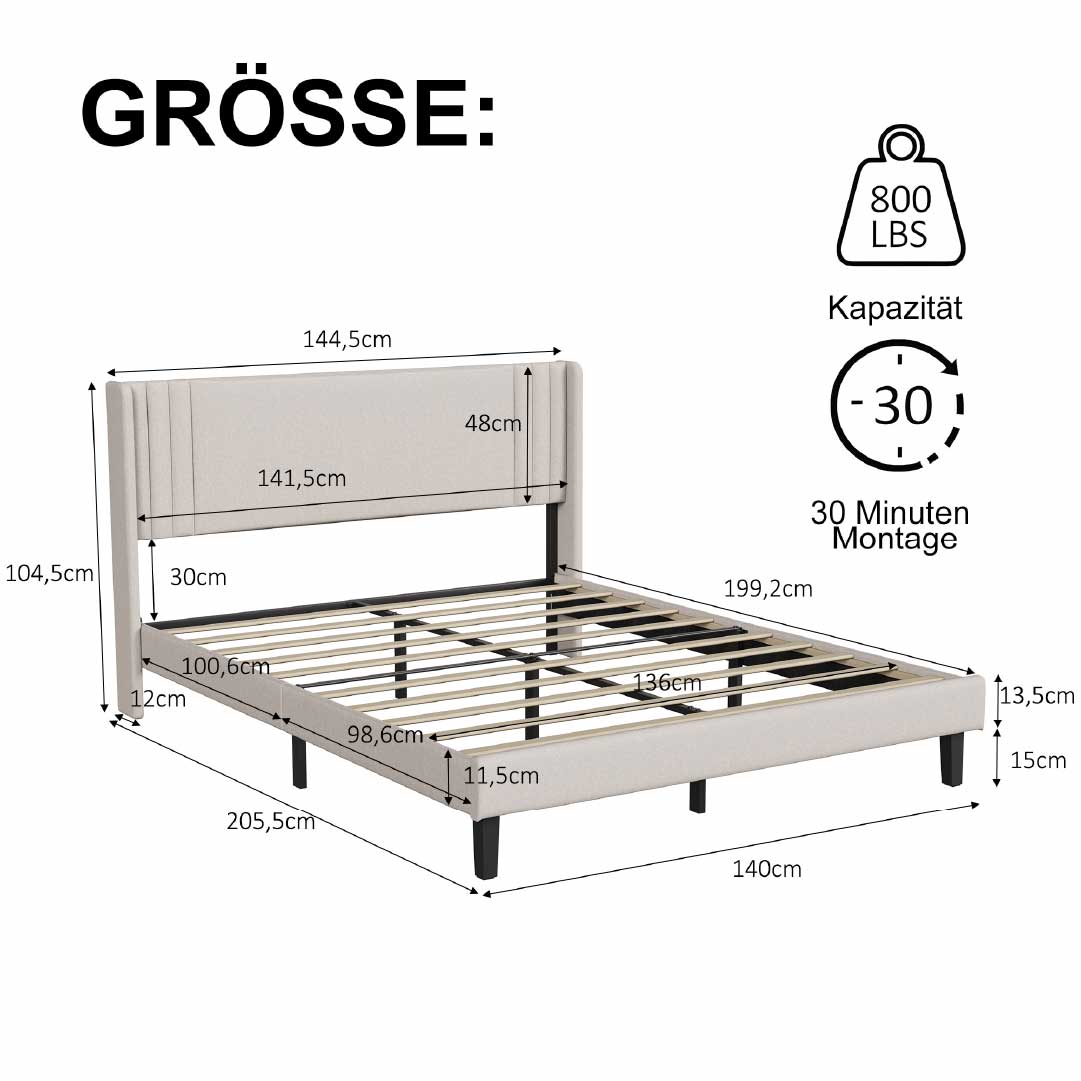 Yelenaro Polsterbett mit Lattenrost 90x200 / 140x200 / 160x200 – Bettgestell mit Metallrahmen & gepolstertem Kopfteil