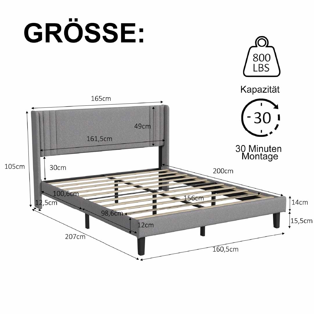 Yelenaro Polsterbett mit Lattenrost 90x200 / 140x200 / 160x200 – Bettgestell mit Metallrahmen & gepolstertem Kopfteil