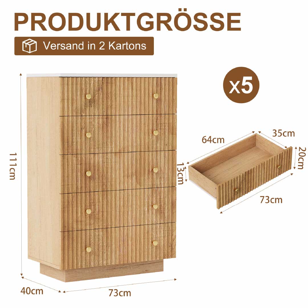 Yelenaro Kommode Holzoptik mit 5 Schubladen & LED – Moderne Schlafzimmer Kommode mit Stauraum, Warmweiß/Kaltweiß Licht