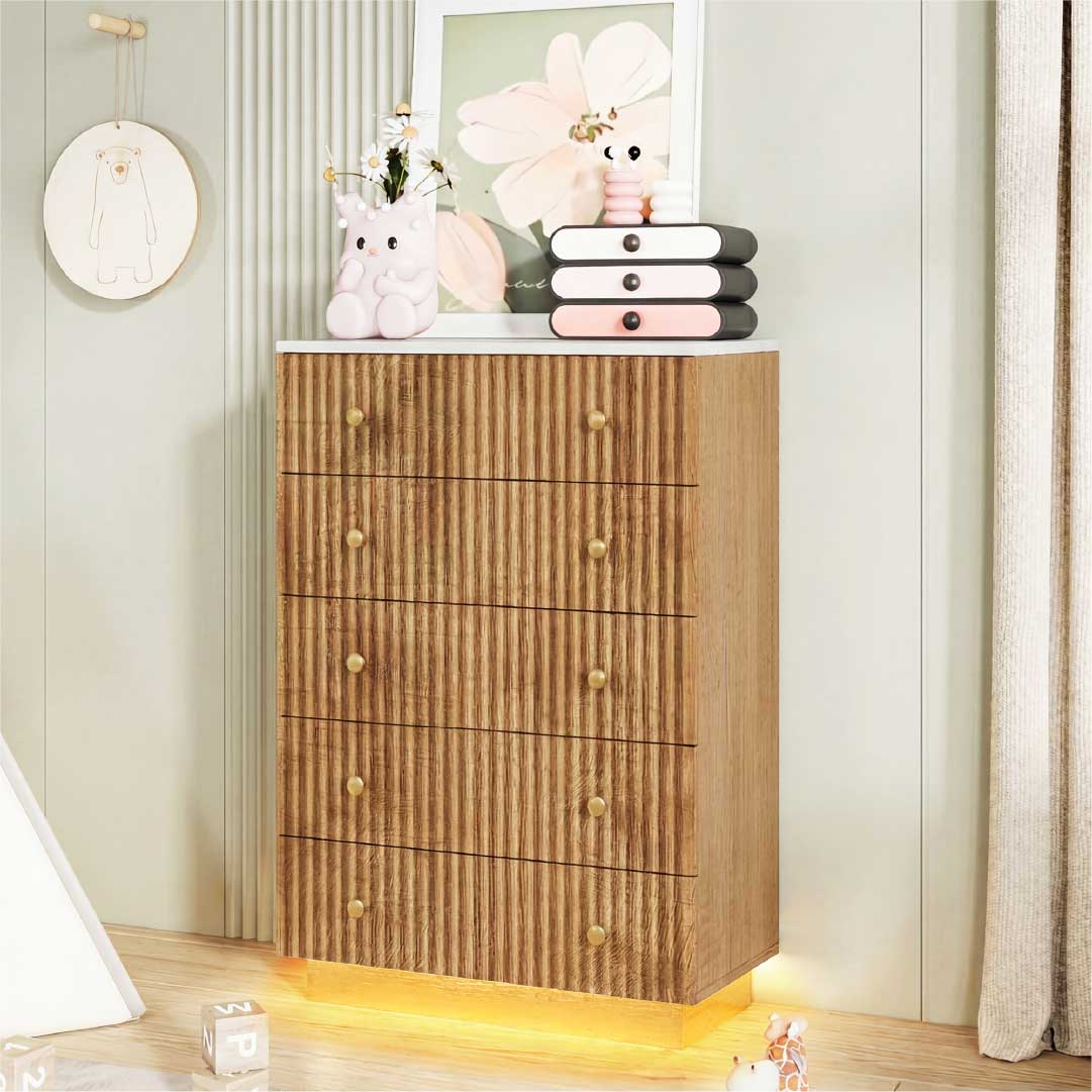 Yelenaro Kommode Holzoptik mit 5 Schubladen & LED – Moderne Schlafzimmer Kommode mit Stauraum, Warmweiß/Kaltweiß Licht