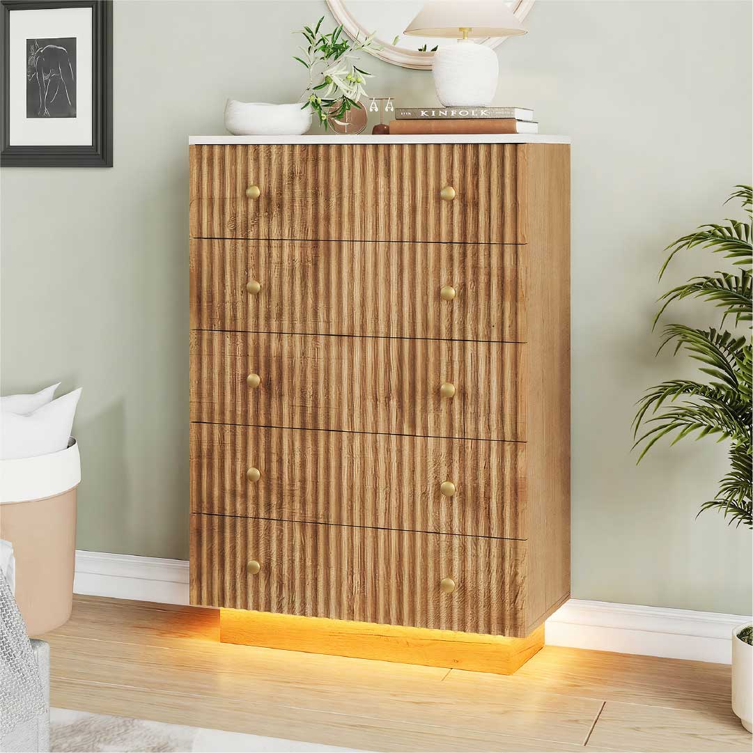 Yelenaro Kommode Holzoptik mit 5 Schubladen & LED – Moderne Schlafzimmer Kommode mit Stauraum, Warmweiß/Kaltweiß Licht