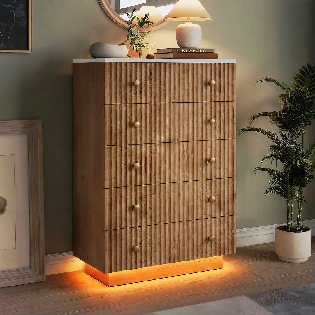 Yelenaro Kommode Holzoptik mit 5 Schubladen & LED – Moderne Schlafzimmer Kommode mit Stauraum, Warmweiß/Kaltweiß Licht