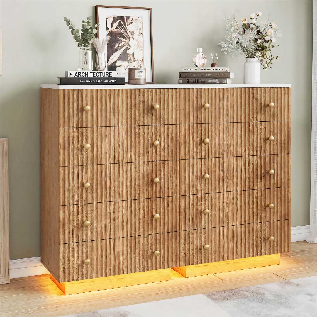Yelenaro Kommode Holzoptik mit 5 Schubladen & LED – Moderne Schlafzimmer Kommode mit Stauraum, Warmweiß/Kaltweiß Licht