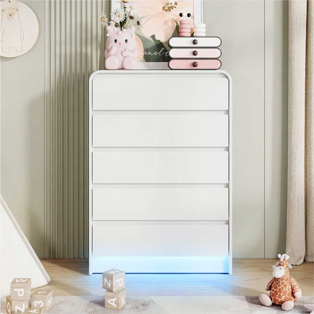 Yelenaro Kommode Weiß mit 5 Schubladen & RGB LED – Moderne Schubladenkommode Minimalistisch mit Stauraum