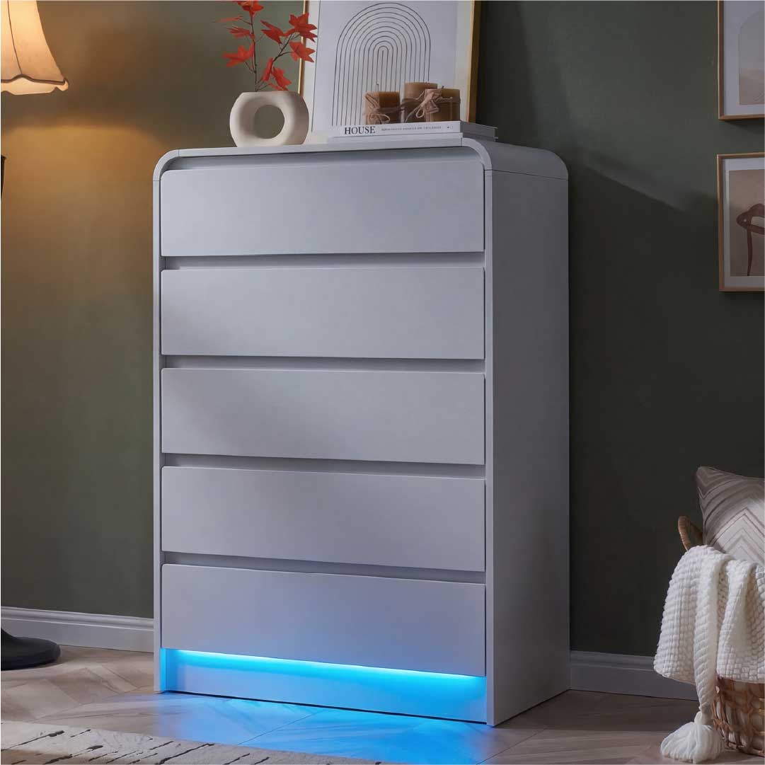 Yelenaro Kommode Weiß mit 5 Schubladen & RGB LED – Moderne Schubladenkommode Minimalistisch mit Stauraum