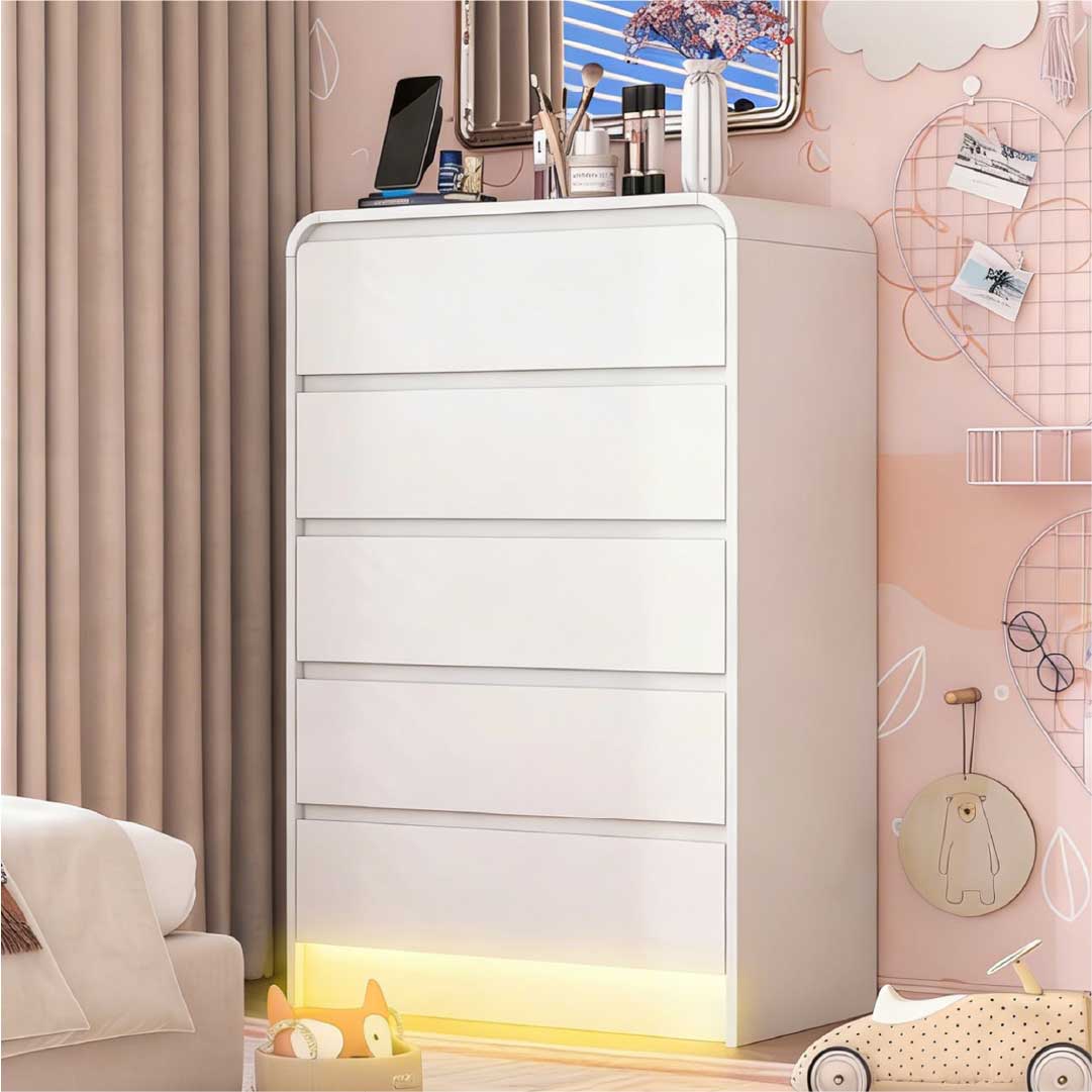 Yelenaro Kommode Weiß mit 5 Schubladen & RGB LED – Moderne Schubladenkommode Minimalistisch mit Stauraum