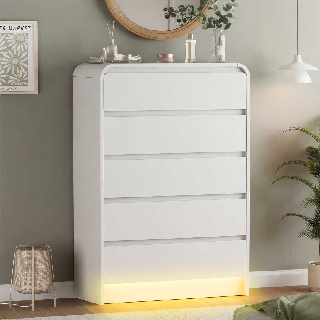 Yelenaro Kommode Weiß mit 5 Schubladen & RGB LED – Moderne Schubladenkommode Minimalistisch mit Stauraum