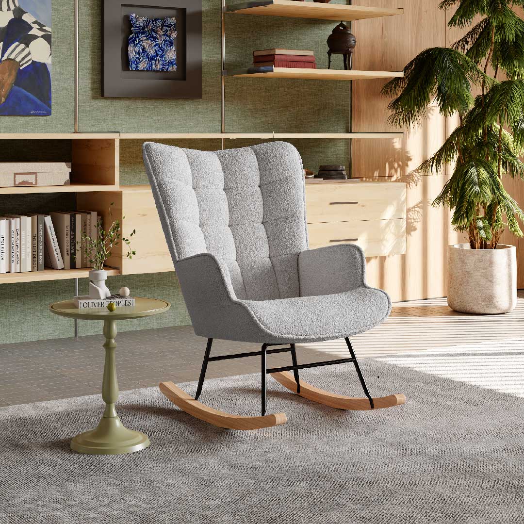 Yelenaro Bouclé Schaukelstuhl mit hohem Rücken – Ergonomischer Relaxsessel mit Holzfüßen für Wohnzimmer & Schlafzimmer