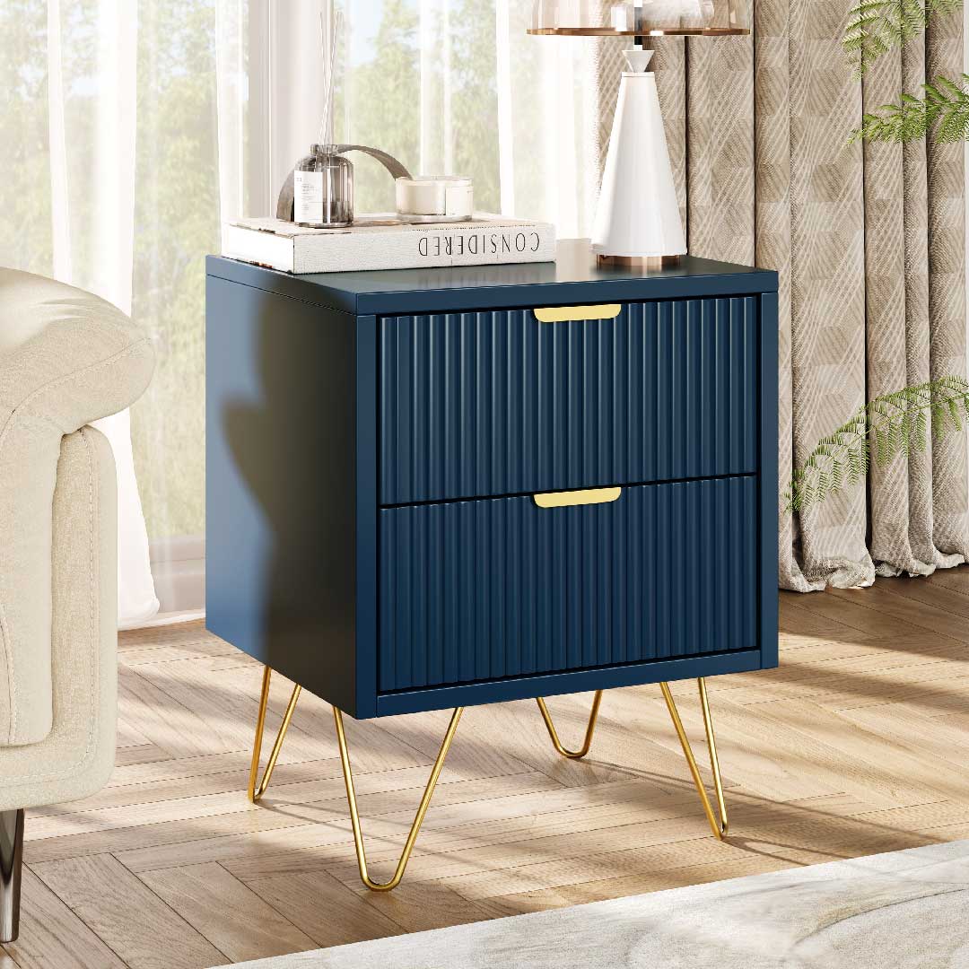 Yelenaro Marineblau Nachttisch mit 2 Schubladen – Moderner Beistelltisch aus Holz mit goldenen Metallbeinen