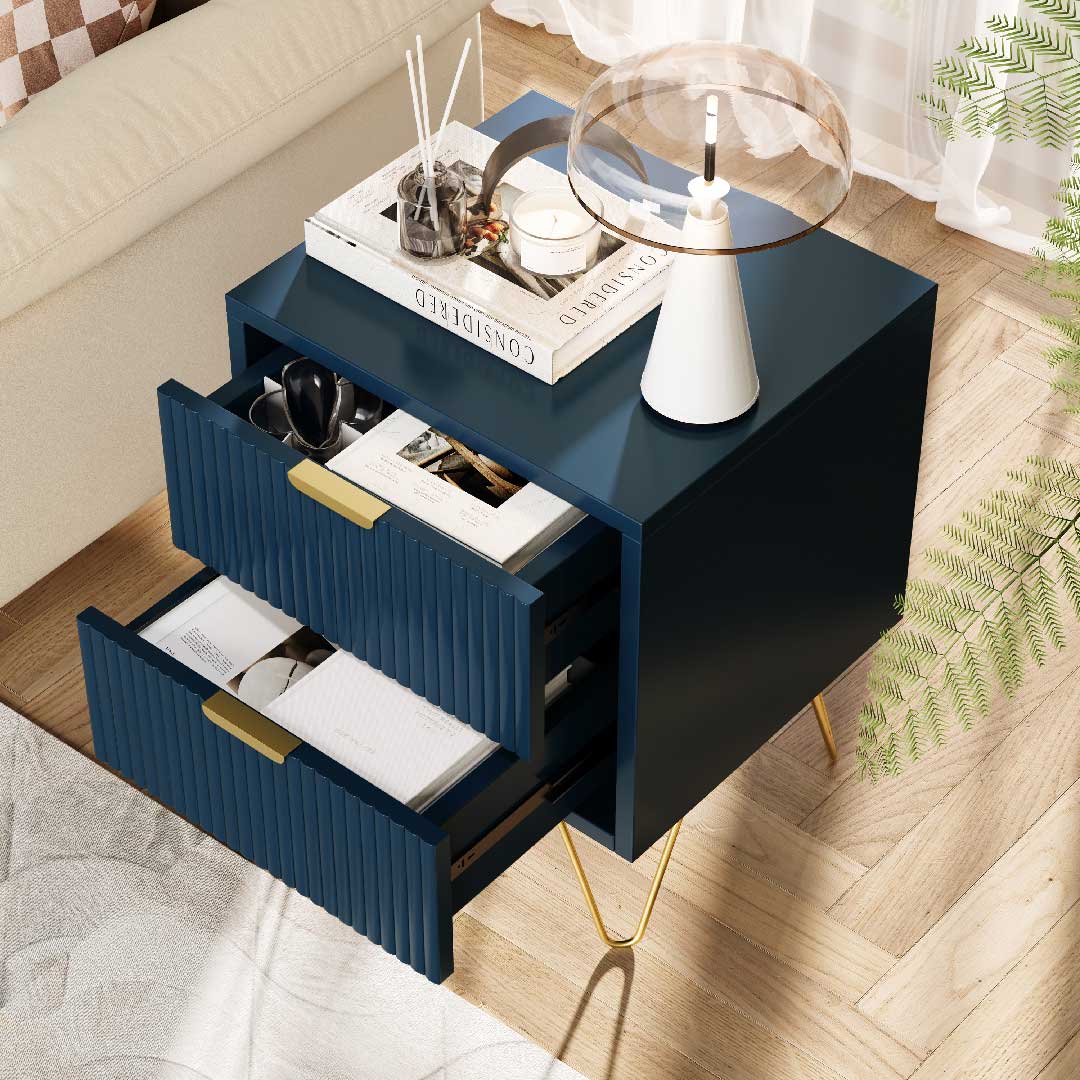 Yelenaro Marineblau Nachttisch mit 2 Schubladen – Moderner Beistelltisch aus Holz mit goldenen Metallbeinen