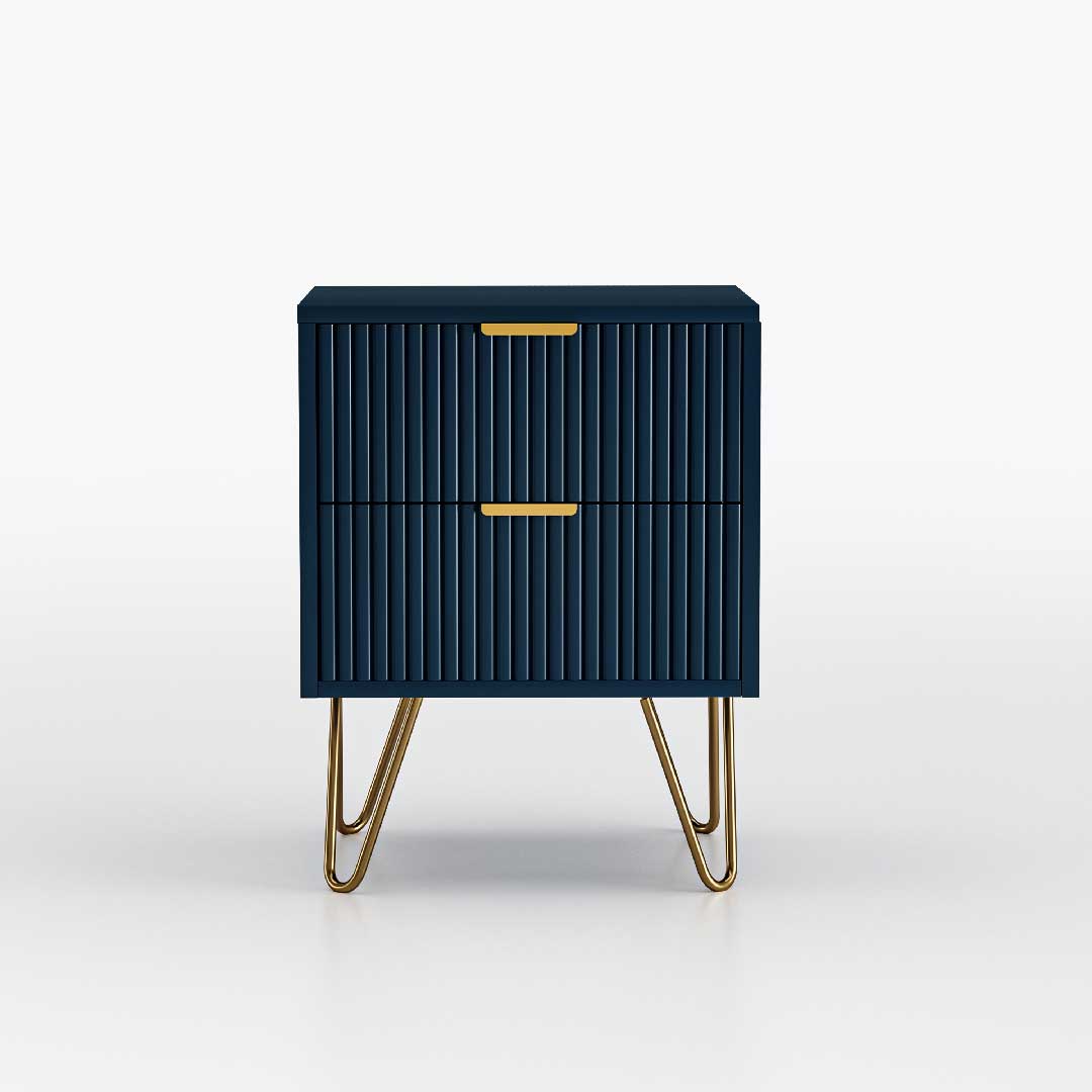 Yelenaro Marineblau Nachttisch mit 2 Schubladen – Moderner Beistelltisch aus Holz mit goldenen Metallbeinen